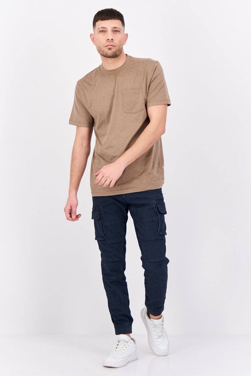 Beause Men Crew Neck Short Sleeevs Plain T-Shirt, Light Brown  - Image 4