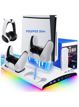 حامل وقاعدة تبريد لجهاز PS5/PS5 Slim مع وحدة تحكم شحن LED لجهاز بلاي ستيشن 5، وملحقات PS5 مع مروحة تبريد ثلاثية المستويات، وإضاءة LED RGB، و3 منافذ USB، وحامل سماعات رأس، ومساحة تخزين 13 لعبة. - pzsku/Z9AC24775BDF7CC17C7C5Z/45/1748273462/598fcbb1-011e-44aa-bcd8-944a8e6b0c7f