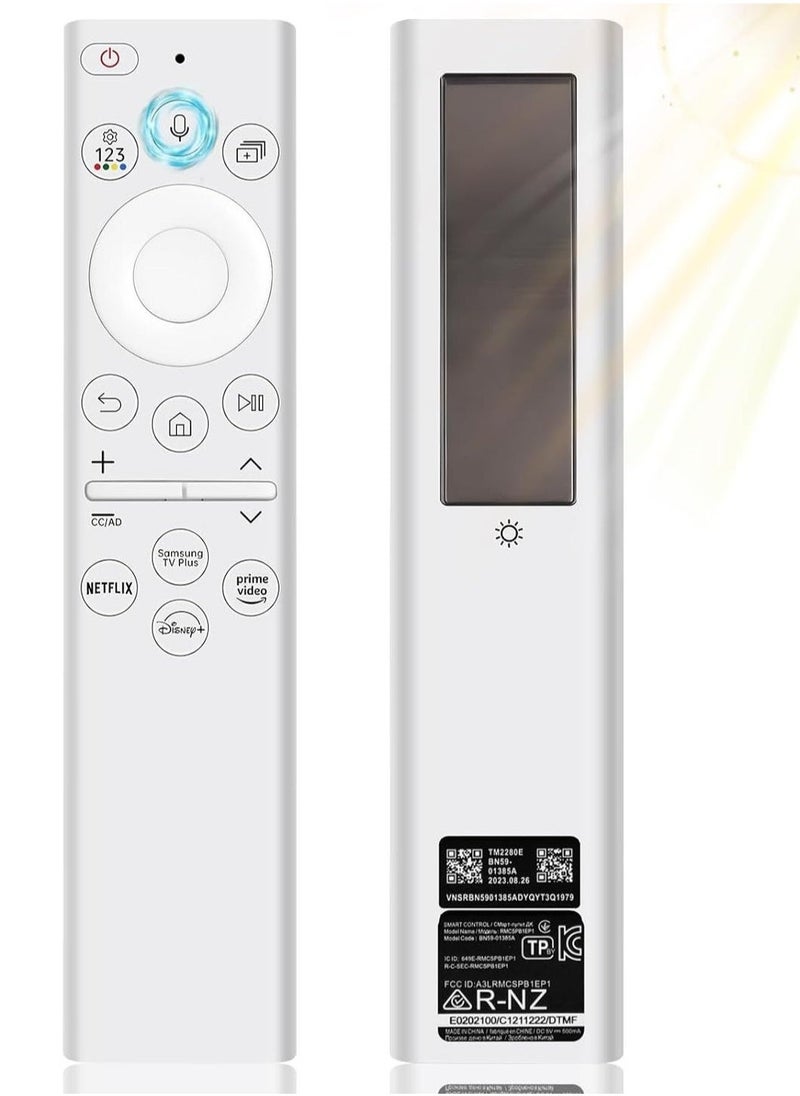ICS Solar Voice Remote Replacement for Samsung Frame TV – Bluetooth Rechargeable with Solar Cell – Compatible with Samsung Smart TVs Ultra HD 4K 8K Neo QLED UHD – 4 Shortcut ons – White - Image 1