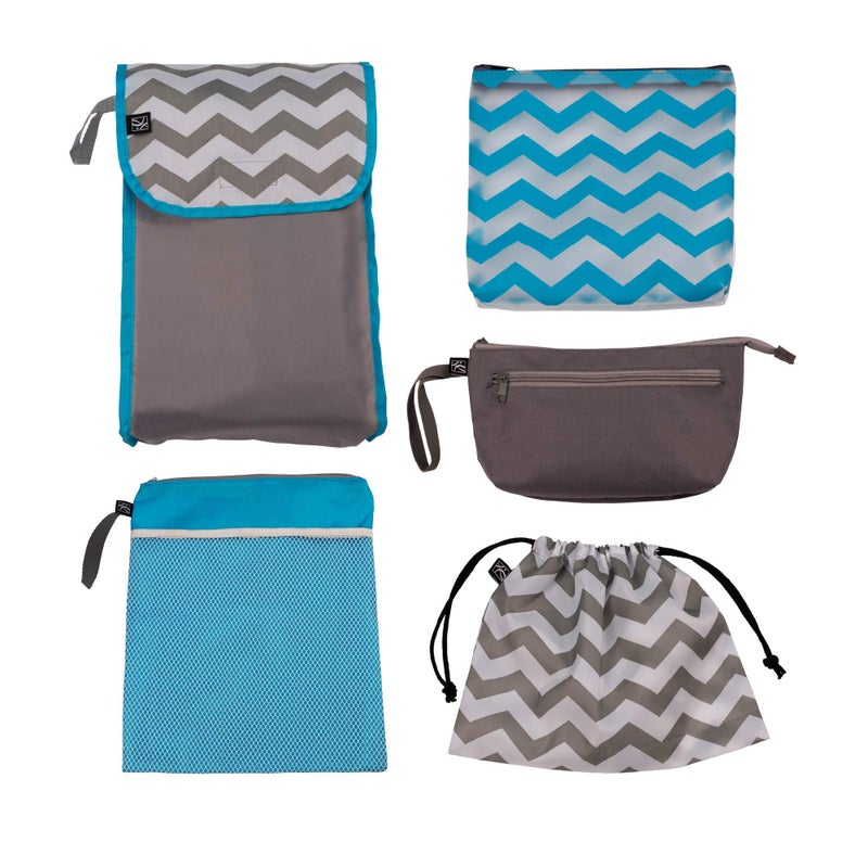 J.L. Childress Diaper Bag Organizing Pouches - Travel Organizer for Baby Accessories & Toiletries, Packing Essentials for Purse & Backpack, Waterproof Wet Bag, Personal Clutch - Set of 5, Grey/Chevron - Image 1