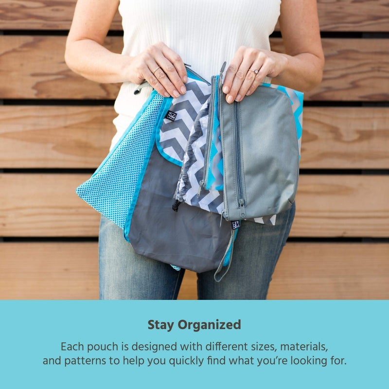 J.L. Childress Diaper Bag Organizing Pouches - Travel Organizer for Baby Accessories & Toiletries, Packing Essentials for Purse & Backpack, Waterproof Wet Bag, Personal Clutch - Set of 5, Grey/Chevron - Image 3