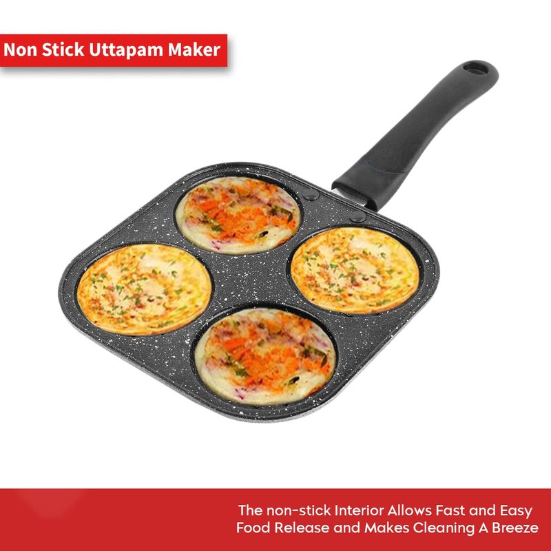 IDEAL PRIME Durable Aluminum Non Stick 4 Cavity Pan Cake Pan with Long Handle Rust Proof Mini Uttapam Pan Multi-Mini Snack Maker Pancake Maker Grill Pan Cookware Pack of 1 - Image 2