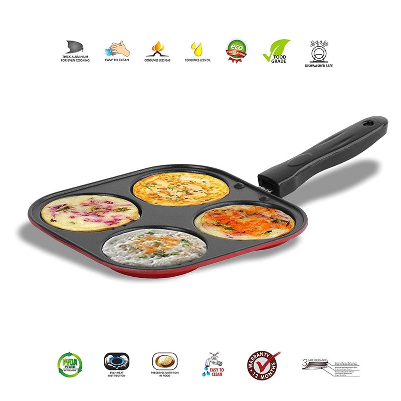 IDEAL PRIME Durable Aluminum Non Stick 4 Cavity Pan Cake Pan with Long Handle Rust Proof Mini Uttapam Pan Multi-Mini Snack Maker Pancake Maker Grill Pan Cookware Pack of 1 - Image 5