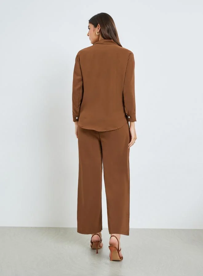 Amirah Brown Brown Solid Shirt and Trousers Set for Women | Best Price UAE