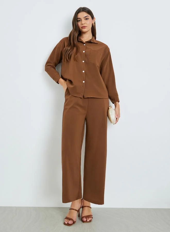 Amirah Brown Solid Shirt and Trousers Set