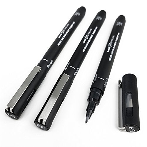 Uni Pin Fineliner Drawing Pen - Black - Brush Nib - Pack of 3 - Image 1