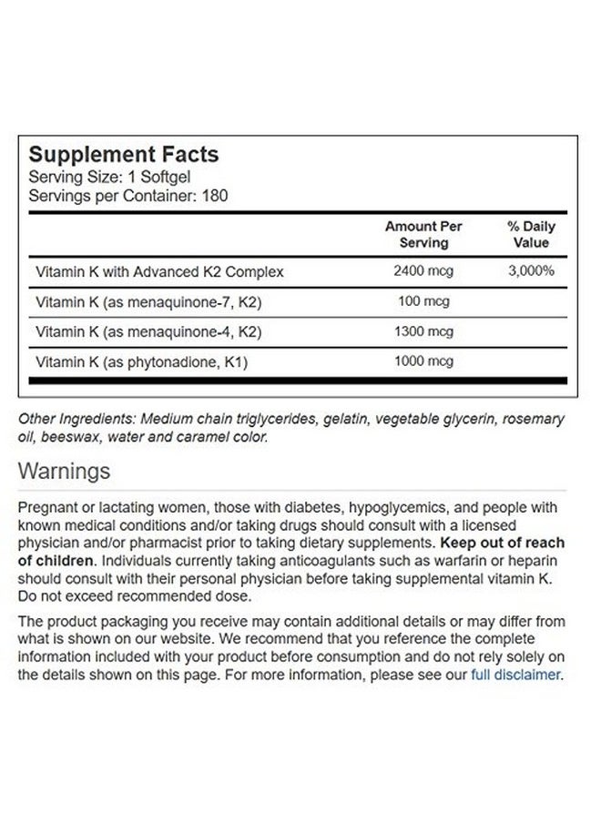 Vitacost Brand - Vitacost Ultra Vitamin K With Advanced K2 Complex 180 Softgels By Vitacost Brand - Image 1