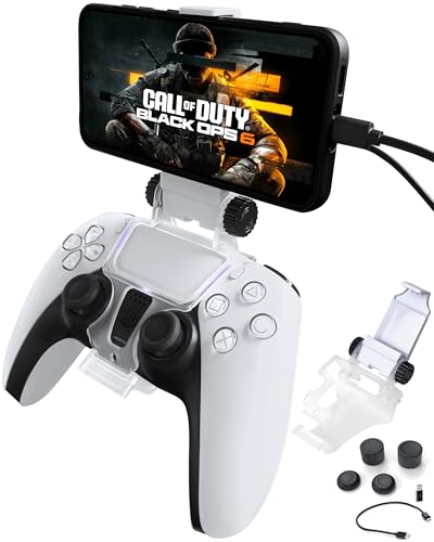 Joso Phone Mount for PS5 Controller, Remote Play Mobile Gaming Phone Holder for Dualsense Controller, Adjustable Gamepad Clip with 4 Thumbstick Grips - Image 1