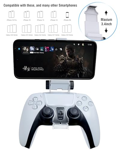 Joso Phone Mount for PS5 Controller, Remote Play Mobile Gaming Phone Holder for Dualsense Controller, Adjustable Gamepad Clip with 4 Thumbstick Grips - Image 3