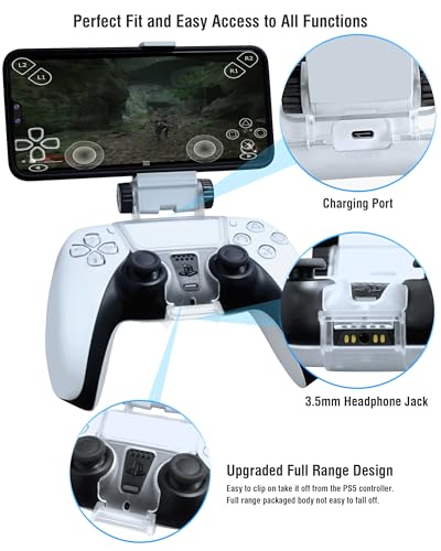 Joso Phone Mount for PS5 Controller, Remote Play Mobile Gaming Phone Holder for Dualsense Controller, Adjustable Gamepad Clip with 4 Thumbstick Grips - Image 5