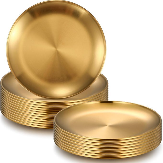 20 PCS 304 STAINLESS STEEL GOLD PLATES 8 INCH SERVING TRAY METAL PLATTER REUSABLE DISHWASHER SAFE DINNER PLATES ROUND DINNER DISHES DECORATIVE STORAGE TRAY FOR OUTDOOR CAMPING PICNIC