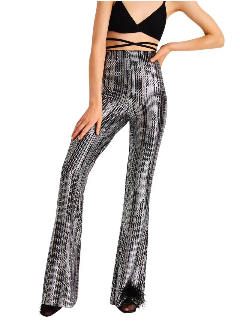 Nocturne Printed Sequined Bell-bottom Trousers