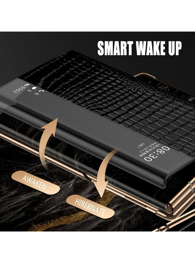 Genuine Leather Case for Huawei Mate XT, Luxury Electroplated Crocodile Pattern Flip Cover Smart Viewing Window All-Inclusive Phone Case,Black - Image 5
