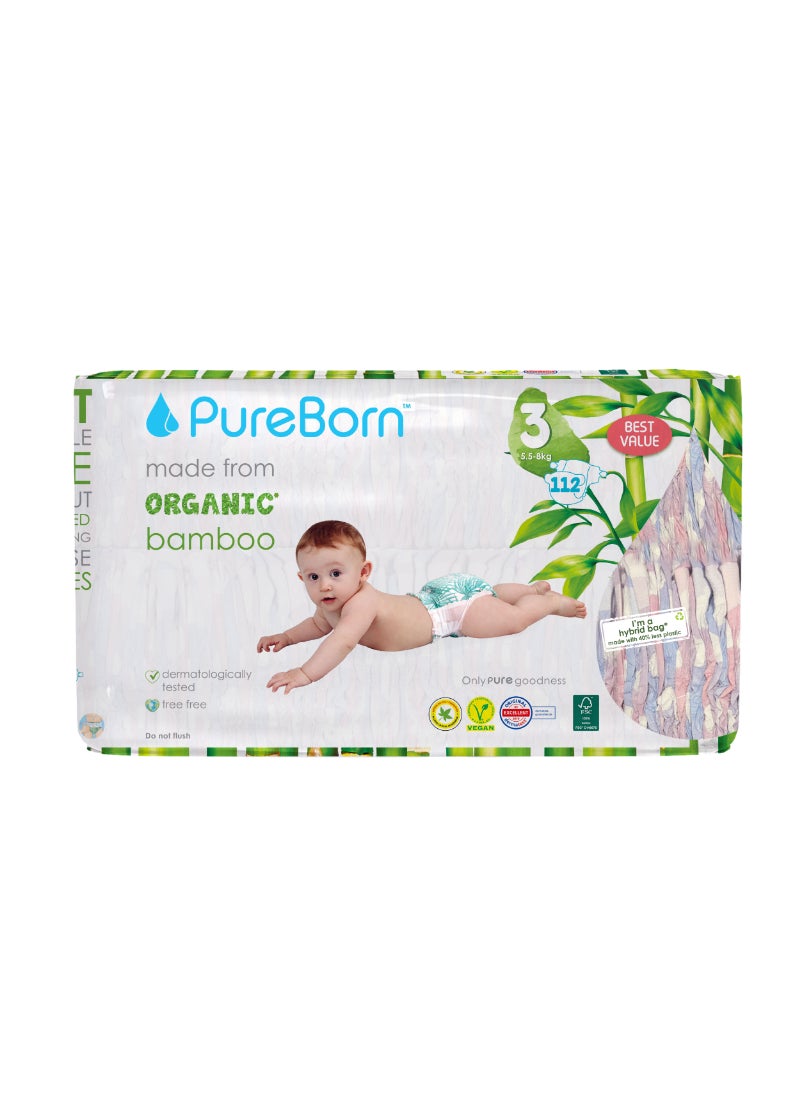 PureBorn Organic Baby Tape Style Diapers Size-3 5.5 -8 kg Cloud Print 112 Diapers  - Image 1
