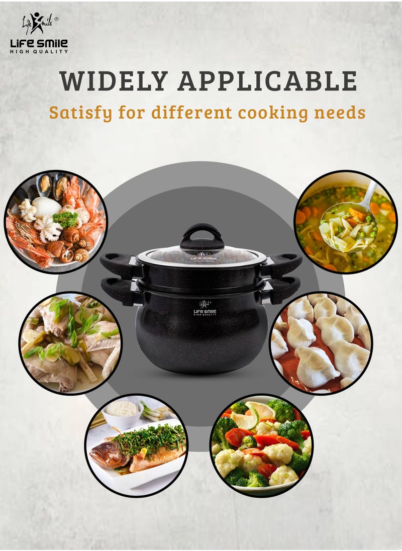Life Smile - 28cm (12 Litre) Multipurpose Stock Pot and Steamer Pot Set - Induction Couscoussier with PFOA-free Aluminum Non Stick 2-tier Cooking Pot with Lid for Soups,Seafood,Vegetables,Stews and Pasta - Image 1