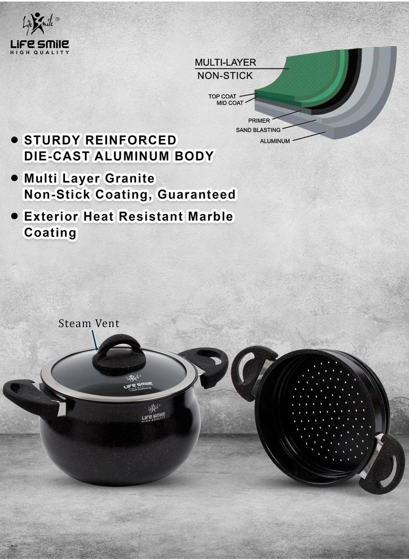 Life Smile - 28cm (12 Litre) Multipurpose Stock Pot and Steamer Pot Set - Induction Couscoussier with PFOA-free Aluminum Non Stick 2-tier Cooking Pot with Lid for Soups,Seafood,Vegetables,Stews and Pasta - Image 1