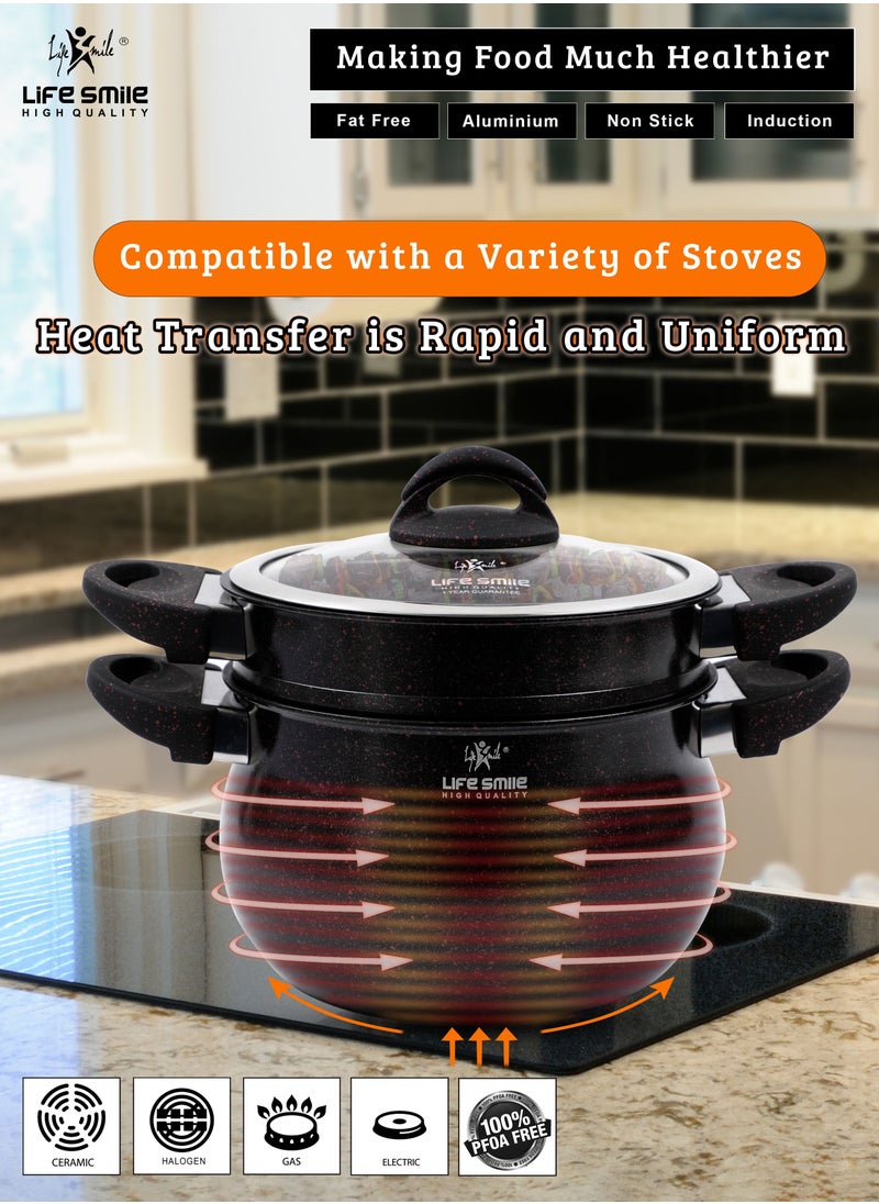 Life Smile - 28cm (12 Litre) Multipurpose Stock Pot and Steamer Pot Set - Induction Couscoussier with PFOA-free Aluminum Non Stick 2-tier Cooking Pot with Lid for Soups,Seafood,Vegetables,Stews and Pasta - Image 1