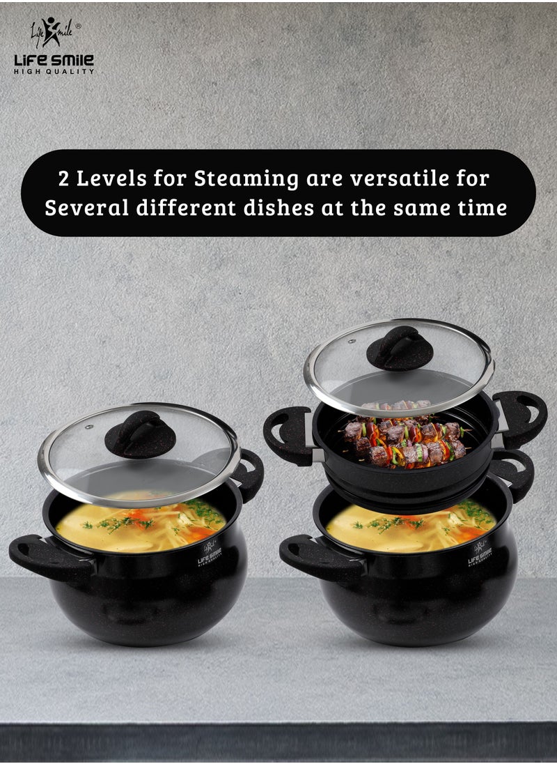 Life Smile - 28cm (12 Litre) Multipurpose Stock Pot and Steamer Pot Set - Induction Couscoussier with PFOA-free Aluminum Non Stick 2-tier Cooking Pot with Lid for Soups,Seafood,Vegetables,Stews and Pasta - Image 1