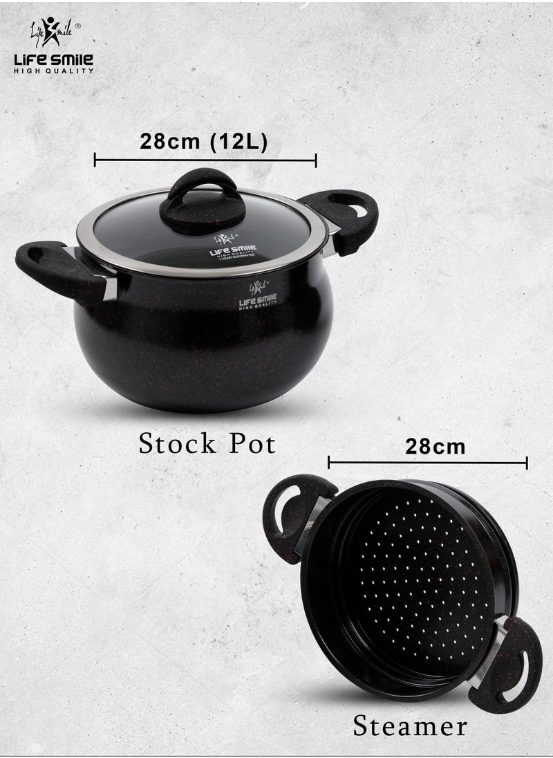 Life Smile - 28cm (12 Litre) Multipurpose Stock Pot and Steamer Pot Set - Induction Couscoussier with PFOA-free Aluminum Non Stick 2-tier Cooking Pot with Lid for Soups,Seafood,Vegetables,Stews and Pasta - Image 1