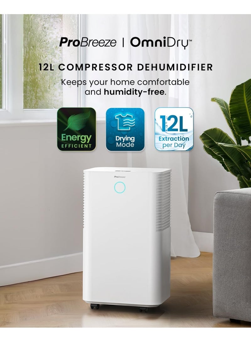Pro Breeze 12L/Day Dehumidifier with Automatic Humidity Sensor & Display, 24 Hour Timer, Laundry Drying, Continuous Drainage and Sleep Mode for Damp, Mould and Condensation  - Image 2