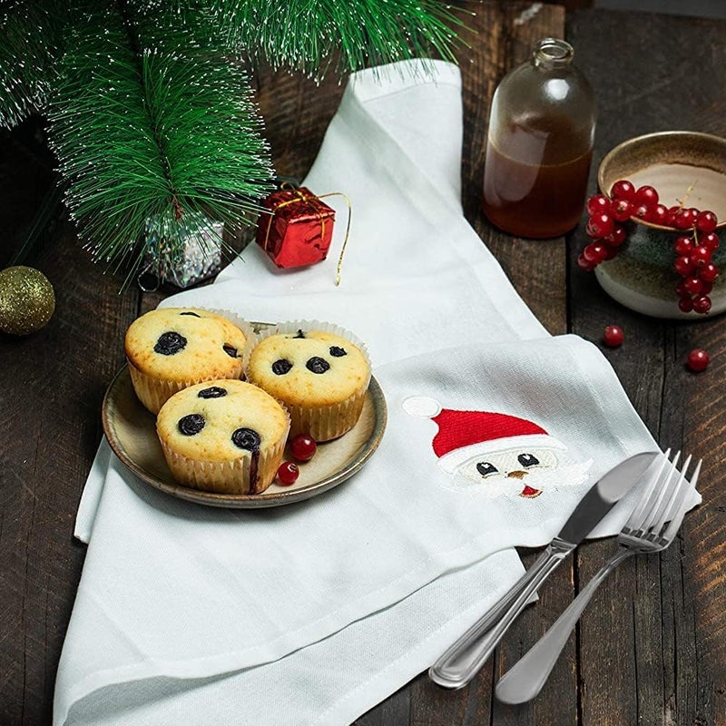 Candy Cottons Christmas Napkins  Washable Cotton Dinner Napkins with Santa Face Embroidery  18x18 in White Pack of 6  Perfect for Cocktail Parties and Easter Baskets - Image 1
