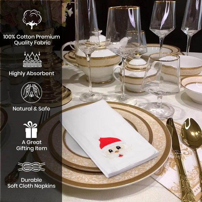 Candy Cottons Christmas Napkins  Washable Cotton Dinner Napkins with Santa Face Embroidery  18x18 in White Pack of 6  Perfect for Cocktail Parties and Easter Baskets - Image 2