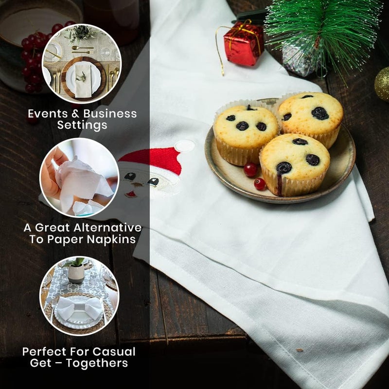 Candy Cottons Christmas Napkins  Washable Cotton Dinner Napkins with Santa Face Embroidery  18x18 in White Pack of 6  Perfect for Cocktail Parties and Easter Baskets - Image 3