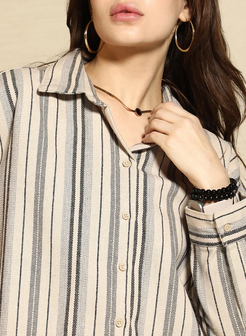 Pinacolada  Women's Ecru Beige Twill-Striped Oversized Shirt for Women | Best Price UAE