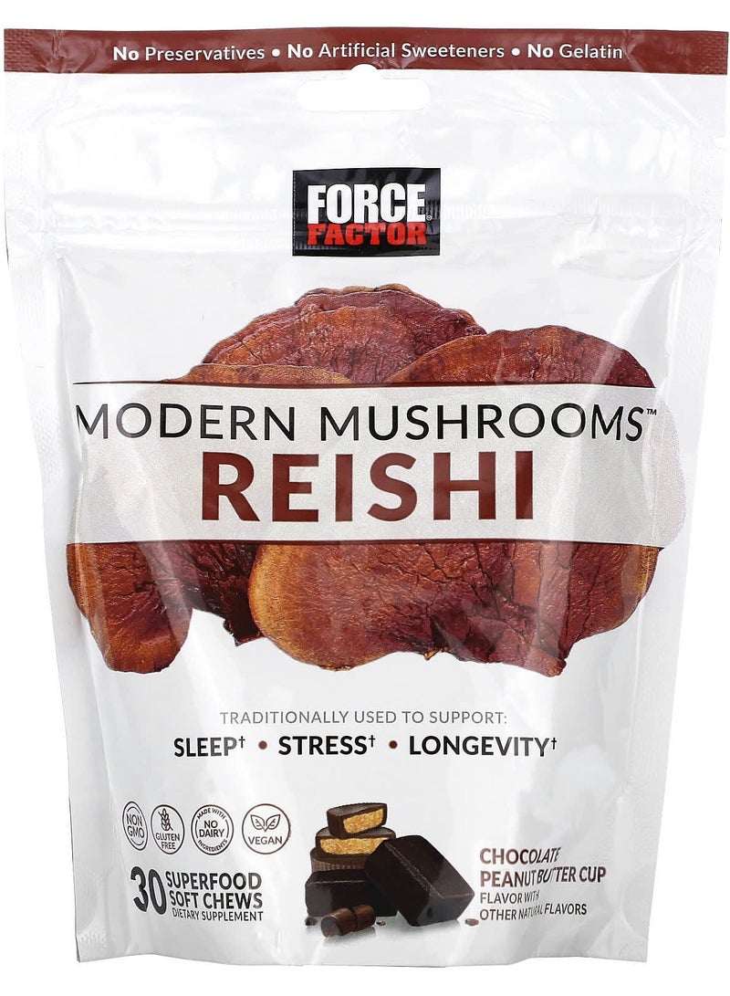 Force Factor Modern Mushrooms Reishi Chocolate Peanut Butter Cup 30 Superfood Soft Chews