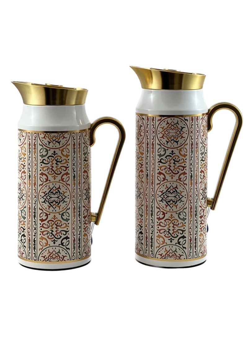 Homemaker 2-Piece Tea & Coffee Flask - 0.75 Liter & 1 Liter Capacity - Glass Inner - Steel Body - Multicolor Desing - Gold Handle - Image 3