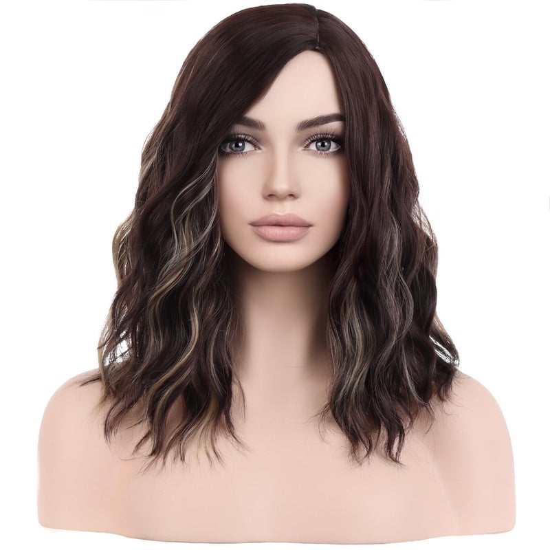 BERON 14 Women Brown Blonde Wigs Girls Short Curly Bob Wavy Wig Brown Highlights Body Wave Halloween Cosplay Daily Party Wigs
