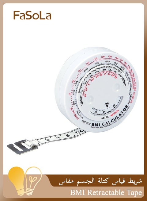 BMI Body Mass Index Retractable Tape, 150cm Measure Calculator Diet Tape Measures Tools, Tape Measure for Body Waist Weight Health Accurate Measurement(White)