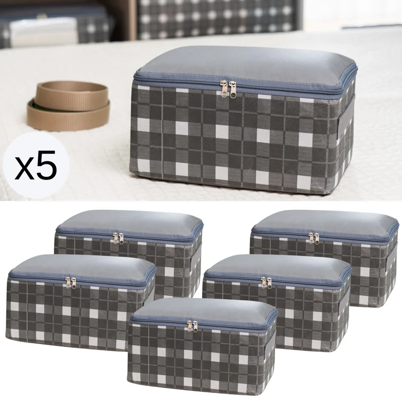 Nacarev 5 Pieces Small Size Square Patterned Plaid Gray Base Under Suitcase Suitcase Organizer Bag Set 30X20X15 cm