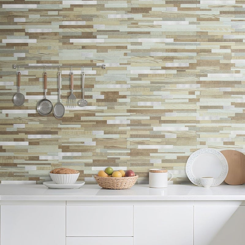 AULIGET 20 Sheets Beige & Brown Wood Peel and Stick Backsplash, PVC Mixed Metal Silver Wall Tile Stick on Backsplash for Kitchen and Bathroom - Image 2