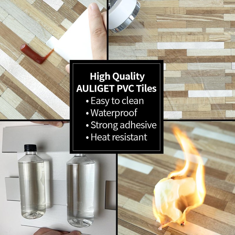 AULIGET 20 Sheets Beige & Brown Wood Peel and Stick Backsplash, PVC Mixed Metal Silver Wall Tile Stick on Backsplash for Kitchen and Bathroom - Image 5