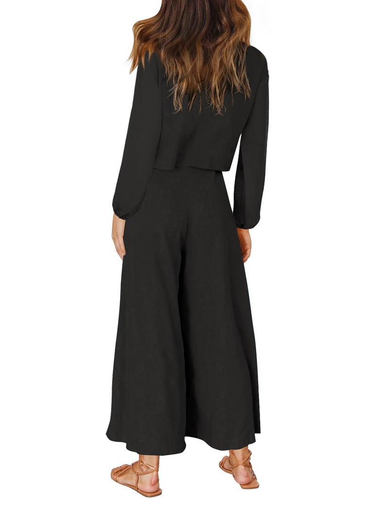ROYLAMP Women's 2 Piece Outfits Long Sleeve Round Neck Crop Top Cropped Wide Leg Pants Set Jumpsuits Black XL - Image 4