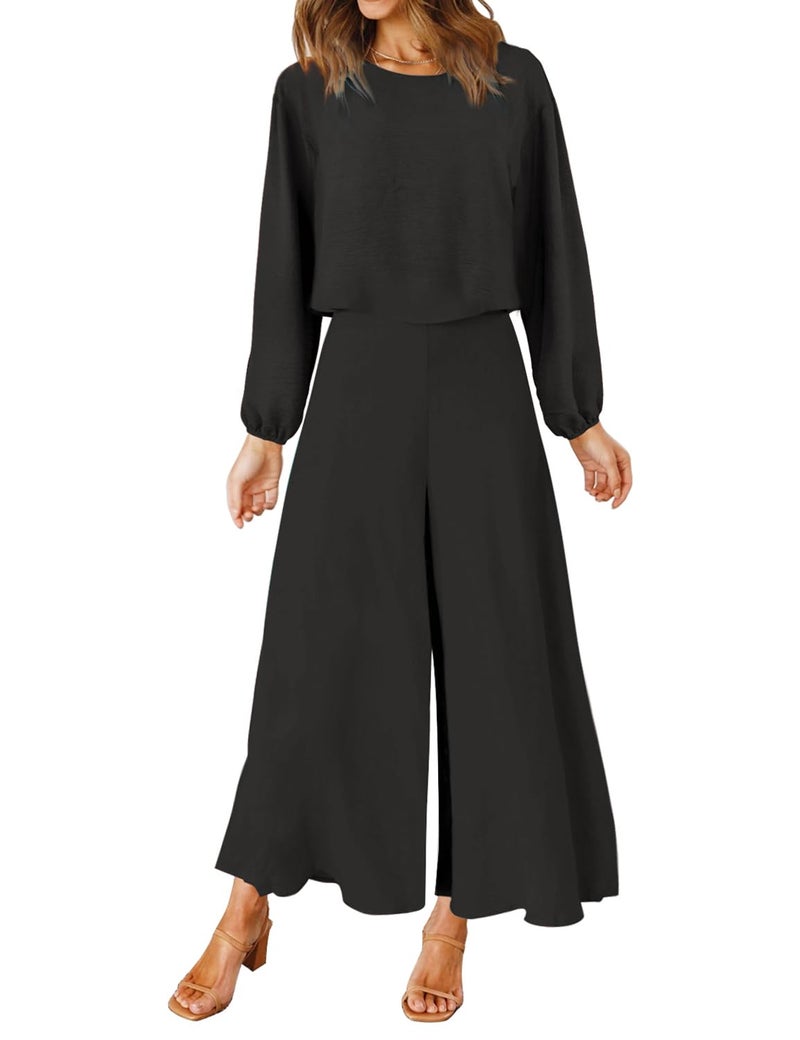 ROYLAMP Women's 2 Piece Outfits Long Sleeve Round Neck Crop Top Cropped Wide Leg Pants Set Jumpsuits Black XL - Image 1
