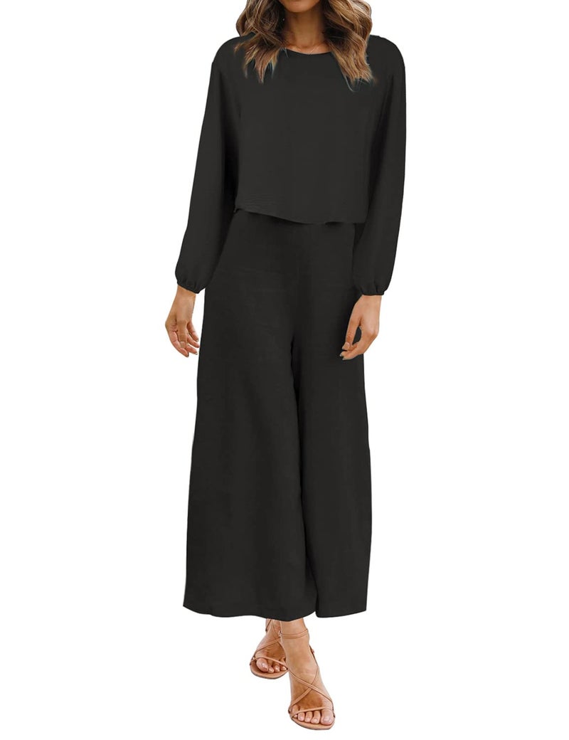 ROYLAMP Women's 2 Piece Outfits Long Sleeve Round Neck Crop Top Cropped Wide Leg Pants Set Jumpsuits Black XL - Image 2