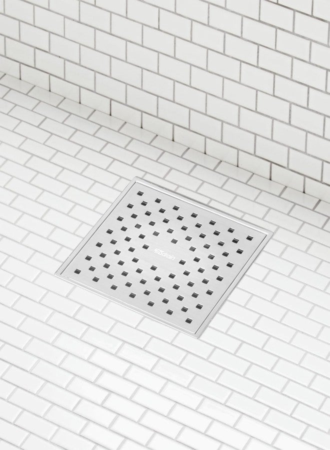 YMSdrain Square Shower Floor Drain, Quadrato Pattern Grate Removable, SUS 304 Stainless Steel Floor Drains with Flange, Removable Cover Grid Grate, Hair Strainer (5¾ Inch, Classic Brushed) - Image 2