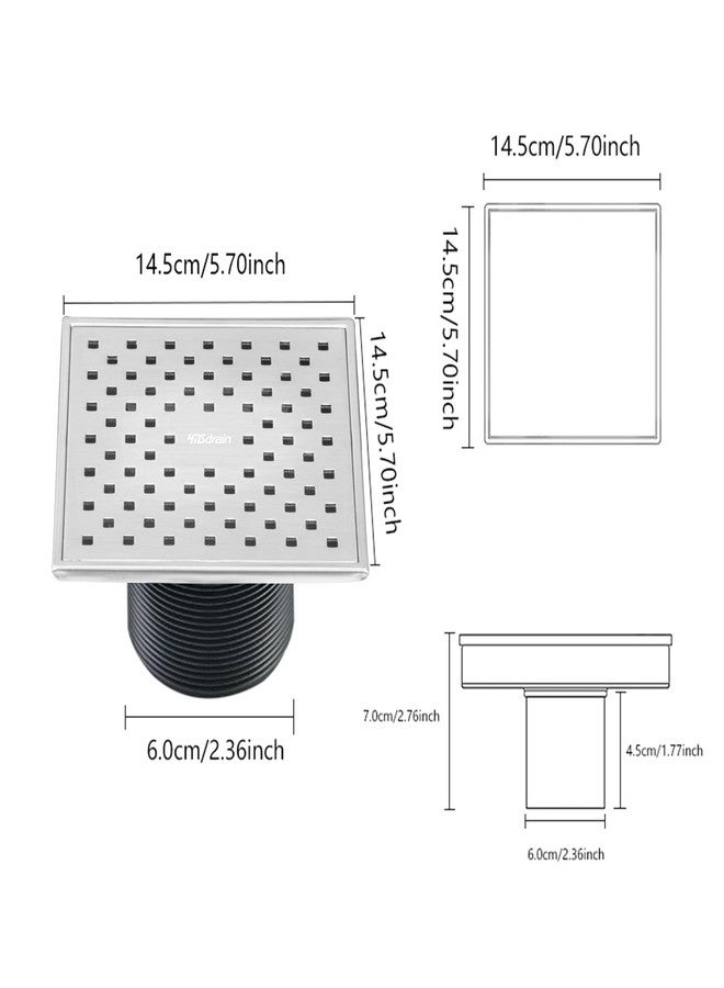 YMSdrain Square Shower Floor Drain, Quadrato Pattern Grate Removable, SUS 304 Stainless Steel Floor Drains with Flange, Removable Cover Grid Grate, Hair Strainer (5¾ Inch, Classic Brushed) - Image 5