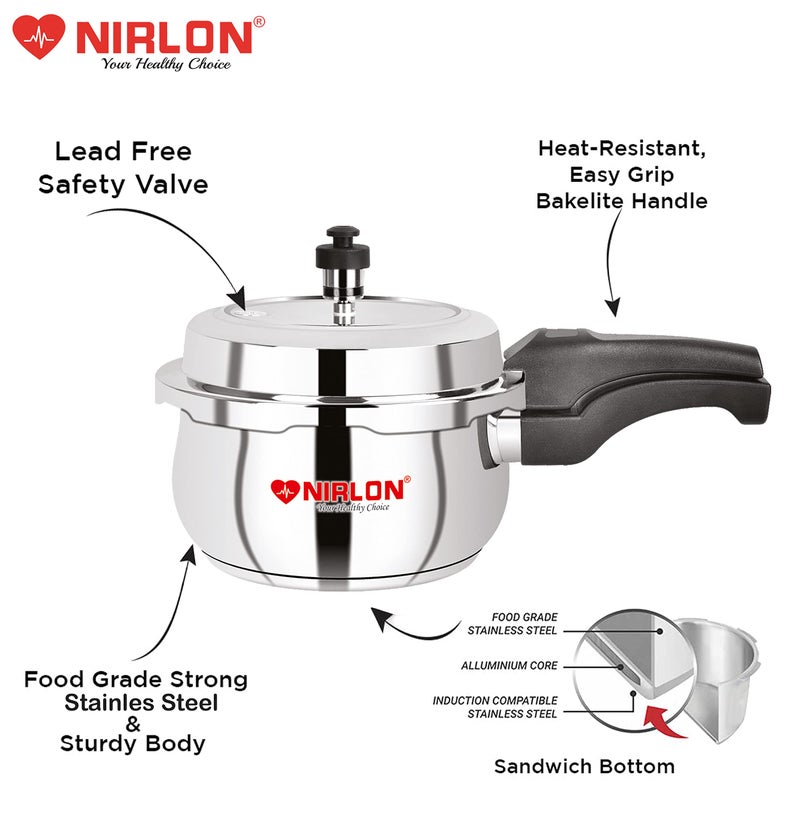 NIRLON Sandwich Bottom Induction Friendly Outer Lid Stainless Steel Pressure Cooker, 2.5 Litre - Image 3