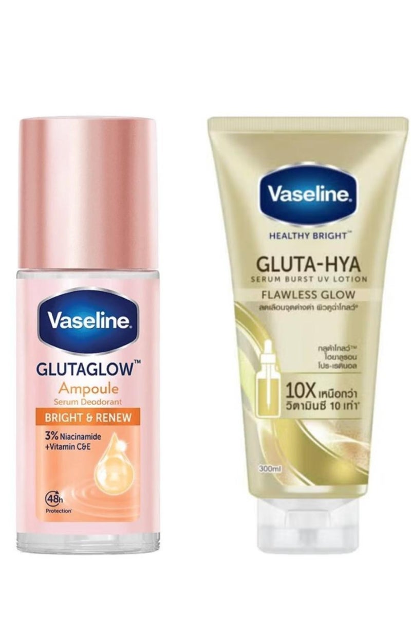 فازلين أفضل مجموعة للجسم، قطعتان من سيروم غلوتا هايلا فلوليس جلو الصحي والمشرق، 300 مل + رول أون، أمبولة سيروم غلوتا جلو برايت آند رينيو، مزيل عرق، 45 مل
