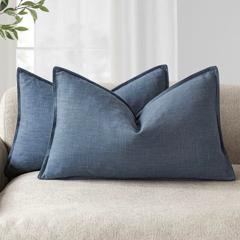 Foindtower Pack of 2 Decorative Linen Soild Throw Pillow Covers Accent Lumbar Cushion Case Boho Farmhouse Pillowcase for Chair Couch Sofa Bedroom Living Room Home Decor 12x20 Inch Dark Blue - Image 2