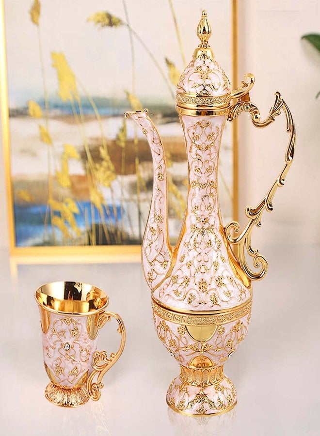 Igtazy Turkish Coffee Cup and Tea Pot Set Including Teapot,Tea Tray,6 Metal Cups,Tea Service Set for Tea Table Decor,Hip Flask,Gift (White and Gold) - Image 3
