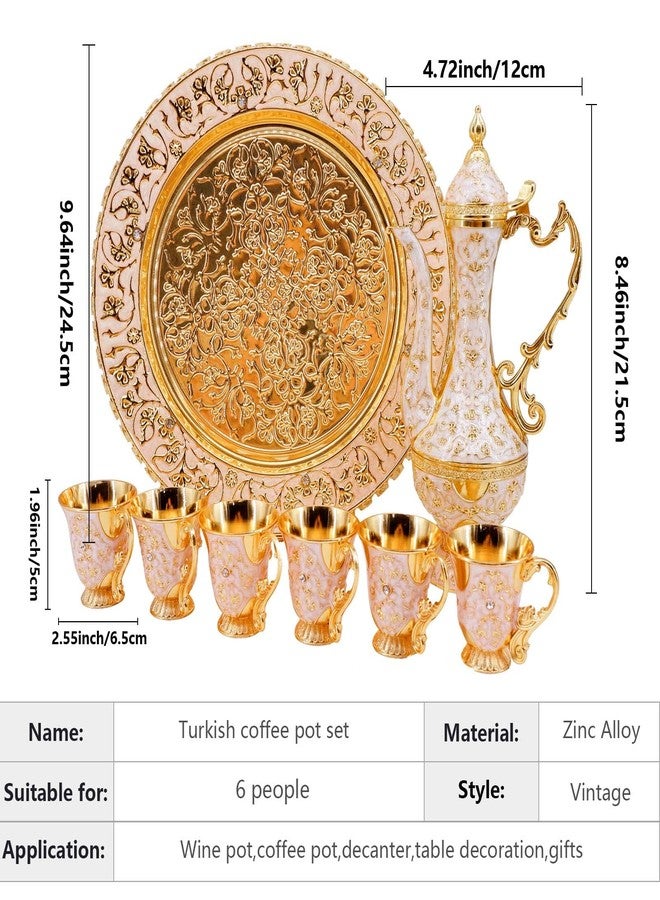 Igtazy Turkish Coffee Cup and Tea Pot Set Including Teapot,Tea Tray,6 Metal Cups,Tea Service Set for Tea Table Decor,Hip Flask,Gift (White and Gold) - Image 2