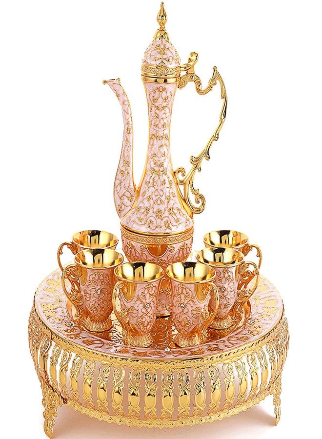 Igtazy Turkish Coffee Cup and Tea Pot Set Including Teapot,Tea Tray,6 Metal Cups,Tea Service Set for Tea Table Decor,Hip Flask,Gift (White and Gold) - Image 1