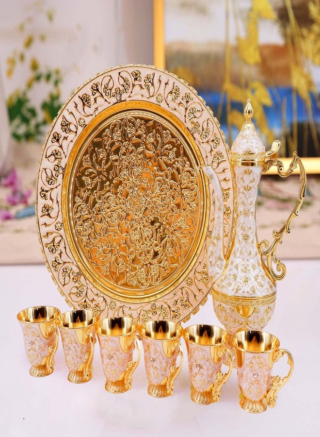 Igtazy Turkish Coffee Cup and Tea Pot Set Including Teapot,Tea Tray,6 Metal Cups,Tea Service Set for Tea Table Decor,Hip Flask,Gift (White and Gold) - Image 5