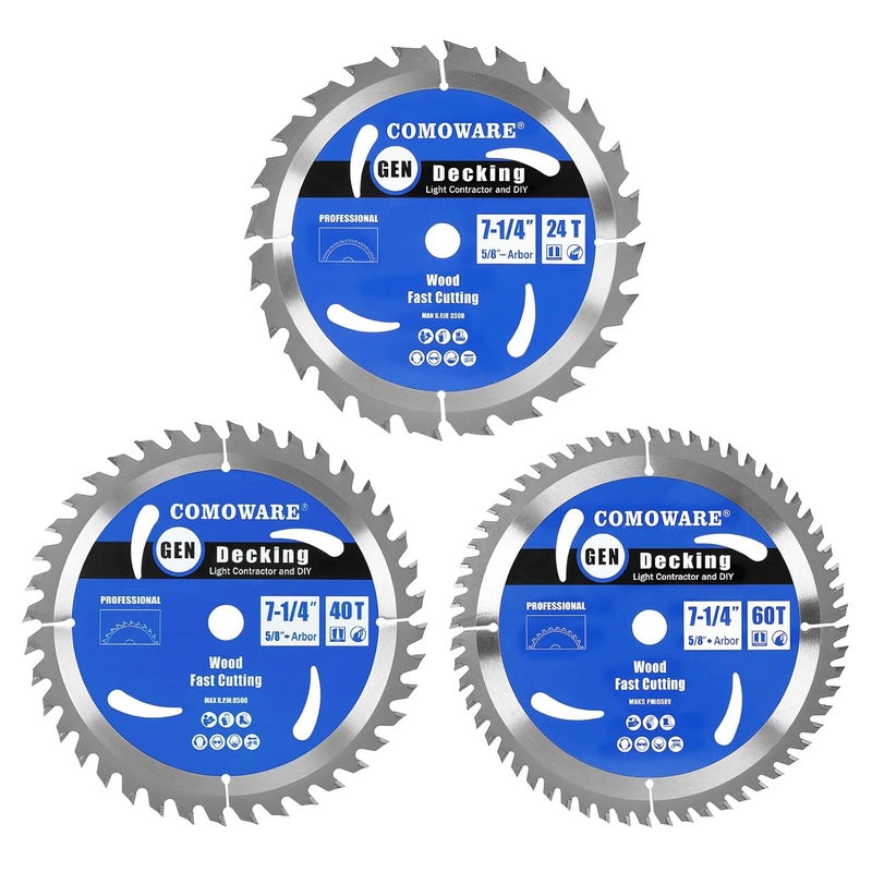 COMOWARE 7 1/4“ Circular Saw Blade (3Pack), 24T&40T&60T ATB Circular Saw Blade, 5/8" Arbor, TCT, Anti-Vibration, Teflon Anti-Stick, Miter Saws Blades for Wood, Laminate, Plywood & Hardwoods - Image 1