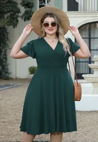 Nemidor Plus Size Dresses for Curvy Women Casual Summer V Neck Short Sleeve Midi Cocktail Vintage Dress with Pocket(073,22,Green) - Image 4