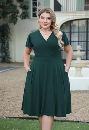 Nemidor Plus Size Dresses for Curvy Women Casual Summer V Neck Short Sleeve Midi Cocktail Vintage Dress with Pocket(073,22,Green) - Image 3